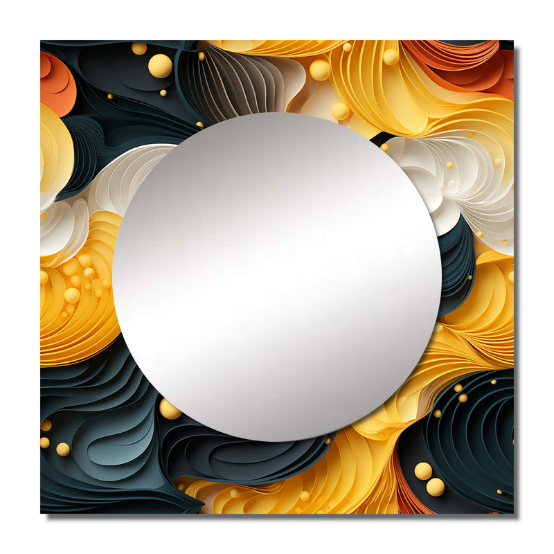 Jaune et noir Midcentury Waves Fusion - art mural moderne miroir carré pour salle de bain, 29 po x 29 po