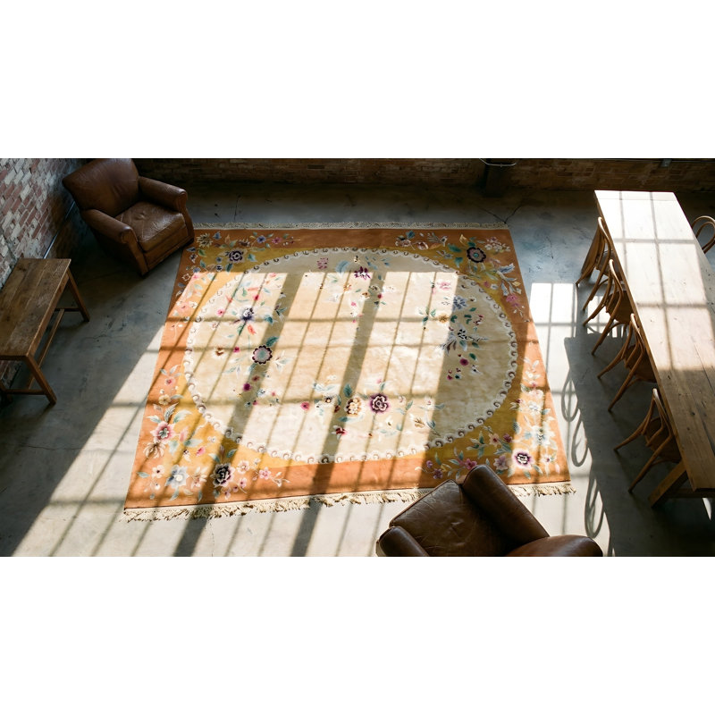 Light Color Oval Shape Field Antique Art Deco Chinese Floral Hand Knotted Rug