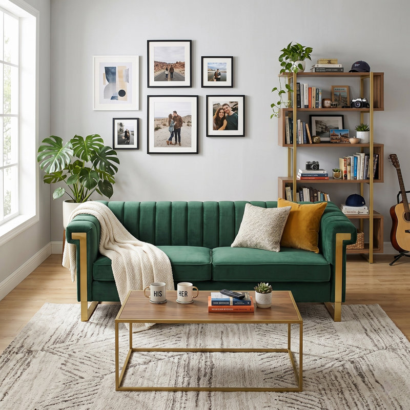 Canapé en velours vert rétro avec détails dorés FX-P81B-RG
