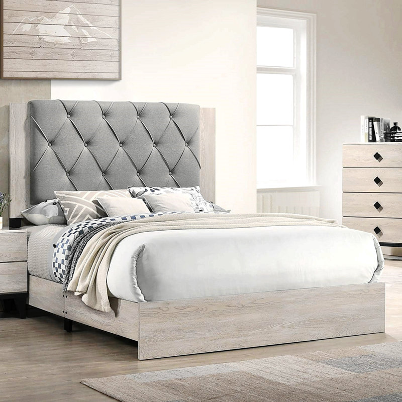 Kipperman Upholstered Platform Bed, California King, Cream/Gray