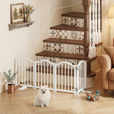 16" High Freestanding Short Dog Gate for Small Breeds, Includes Support Feet, Expands to 48" Wide, 4-Panel Foldable Design for Doorways, Pet Fence for Puppy, White