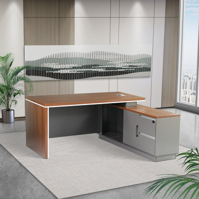 Murwah Walnut-Colored Office Computer Desk with Cabinet on the Right Side