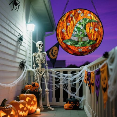 Vitrail suspendu - décorations d'Halloween chapeau de sorcière attrape-soleil pour les portes de jardin intérieur effrayant drôle vert soleil attrape un cadeau gothique horreur pour les femmes hommes ami 15 po