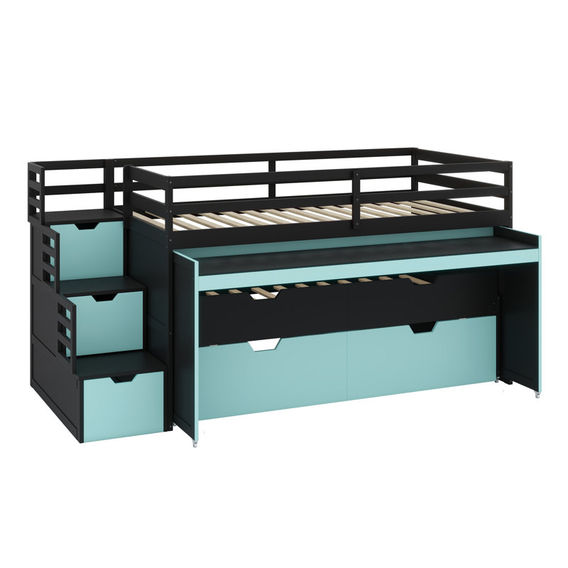 Lit mezzanine multifonctionnel avec bureau coulissant, lit gigogne, tiroirs de rangement et marches de rangement, Black+Blue