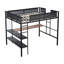 Lit mezzanine double en métal avec bureau et tablettes intégrés, structure en acier robuste, lattes en bois sans bruit, garde-corps en textilène, doubles échelles