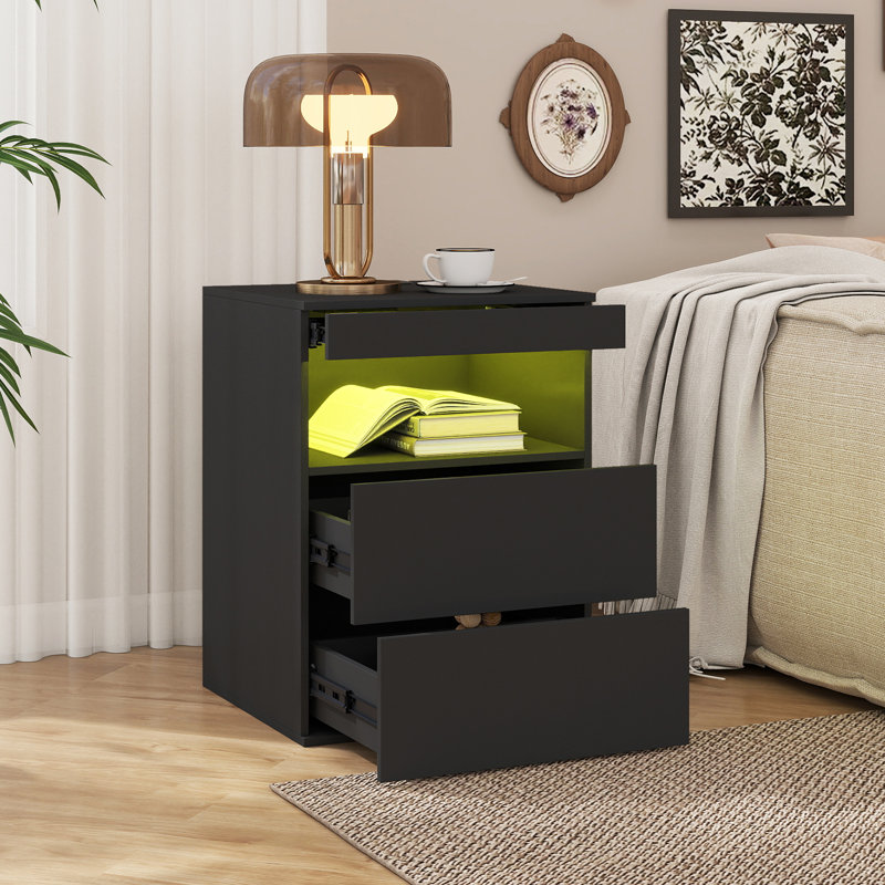 45cm W Solid + Manufactured Wood Bedside Table, Black