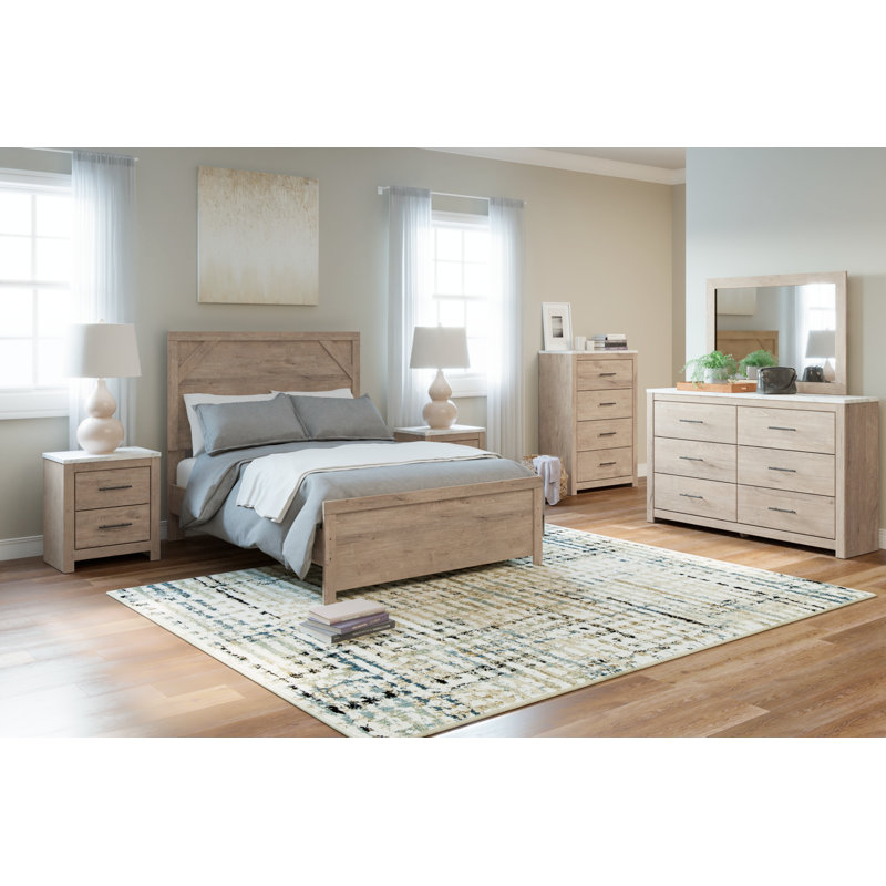 Light Brown and White Full Upholstered Wood Frame Bed with Headboard and Drawer