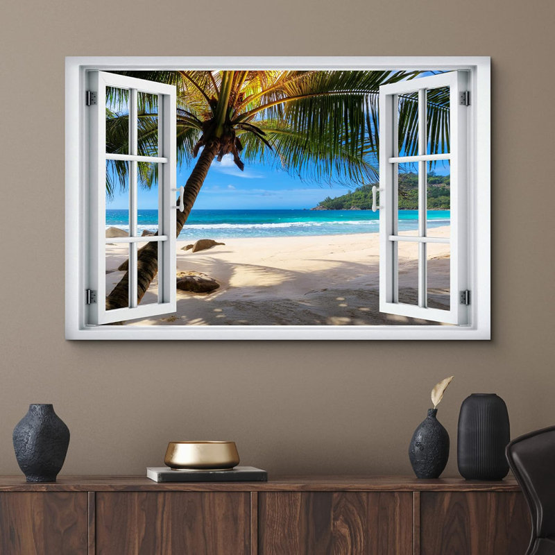 Fenêtre de paysage «Window View Tropical Island Beach Holiday Paradise Nature Scenic Landscape» sur toile, H 16 po x l 24 po