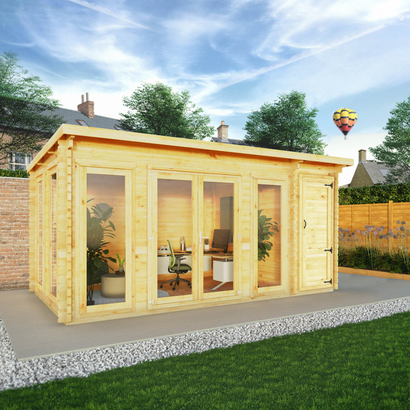 Mercia 17ft x 10ft Studio Pent Log Cabin With Side Shed (44mm)