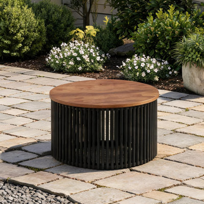 Table basse ronde avec finition bleue, plateau en bois d'acacia massif de 30 pouces et base noire pour le salon