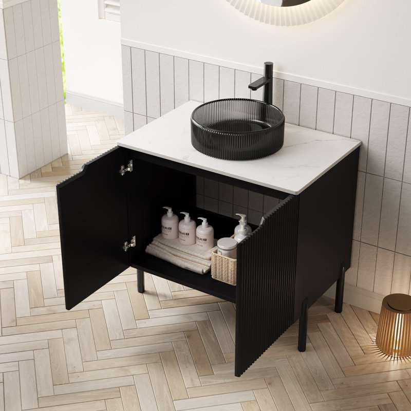 Élégant meuble-lavabo avec vasque en verre cristal noir, style français pour les salles de bain modernes