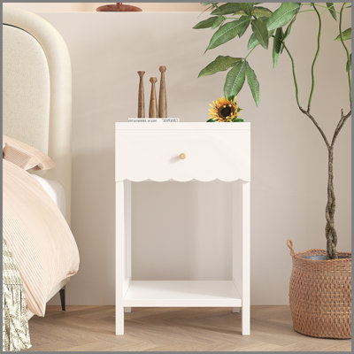 Modern White Nightstand with Drawer and Open Shelf,Scalloped Edge Bedside Table for Bedroom, Cute Minimalist Side Table for Kids Room or Girls' Room