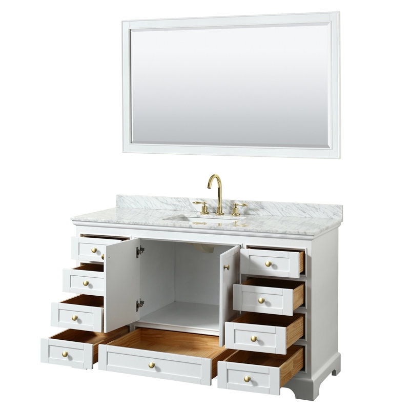 Deborah 60'' Single Bathroom Vanity with Marble Top, Carrara Cultured Marble, White/Brushed Gold