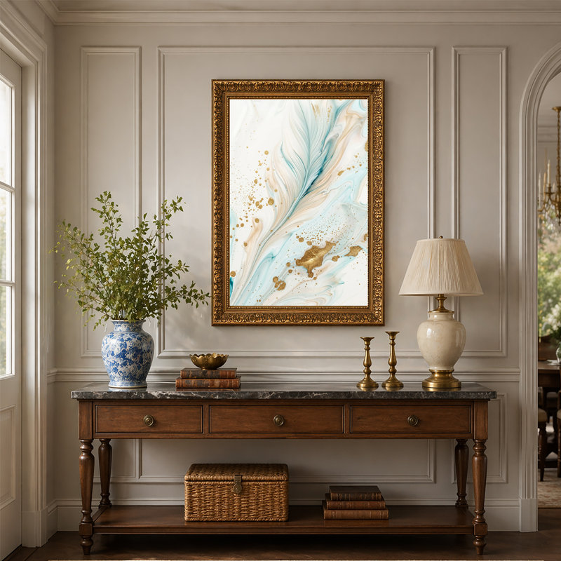 Art mural sur toile blanc et bleu beige avec éclaboussures dorées, H 30 po x l 20 po