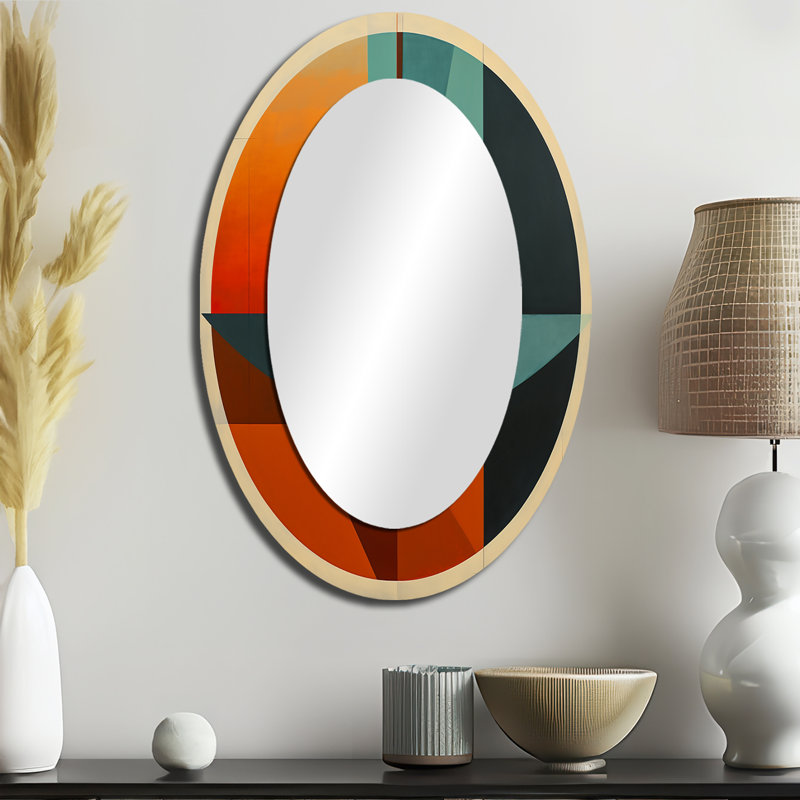 Odyssey Midcentury Retro Abstract Geometrics III - Beige Mid-Century Oval Wall Mirror, 36" x 24"