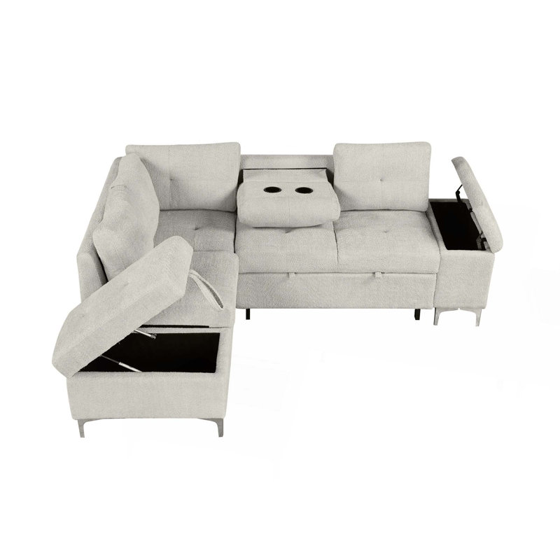 Canapé-lit en L Canapé-lit rembourré polyvalent avec un grand espace de rangement, deux porte-gobelets et deux ports USB pour le salon