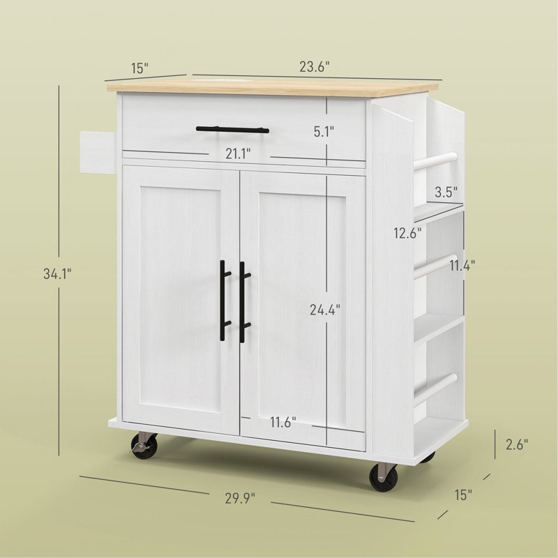 Kitchen Island With Storage, Rolling Kitchen Cart With AC Outlets And USB Ports, Microwave Stand With Towel And Spice Rack