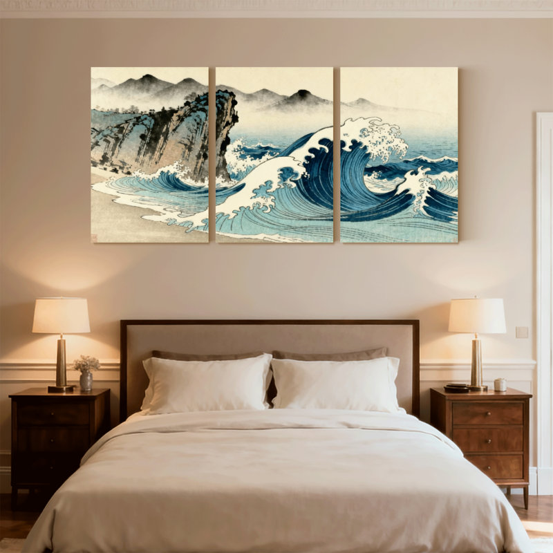 «Nautical & Beach Wave Mountains Sea Sky Cliff Water Water Blue», ensemble de 3 impressions sur toile, H 24 po x l 48 po