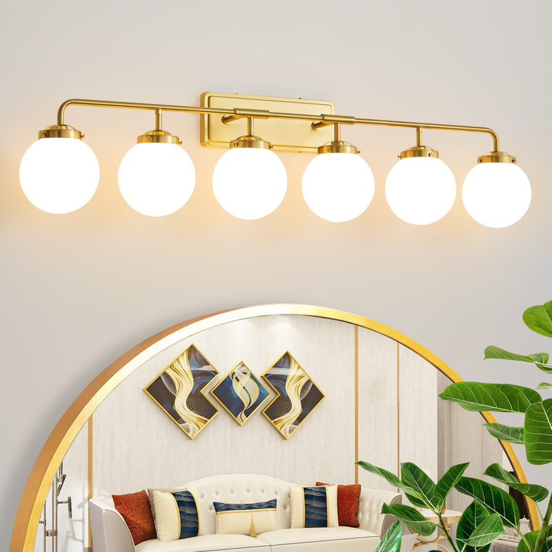 Brackenley 6 - Light Dimmable Vanity Light With Hand Blown Glass Globe Shade, Gold, White