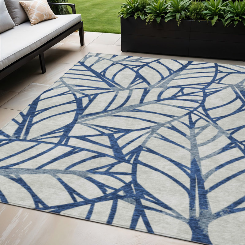 10' X 14' Navy Blue And Beige Floral Washable Indoor Outdoor Area Rug, Rectangle 5' x 8'