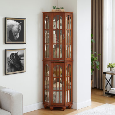 Corner Curio Cabinet With 4 Adjustable Tempered Glass Shelves And Lighting System, Solid Wood Legs,Acrylic Mirrored Back Panel