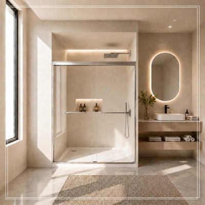 56-60" W × 60" H Tempered Glass Aluminum Frame Double Sliding Shower Door, "5/16 (8mm), Stainless Steel handle, Matte Black