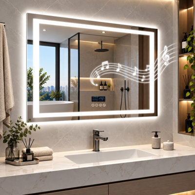 24" x 31.5" LED Bathroom Mirror with Lights, Bluetooth Speaker, Smart Time & Date Display, Anti-Fog, 3-Color Dimmable Vanity Mirror