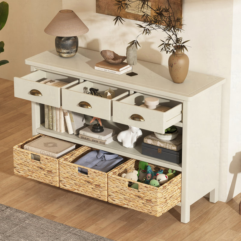 Console rétro avec paniers tissés jacinthe d'eau, Blanc antique