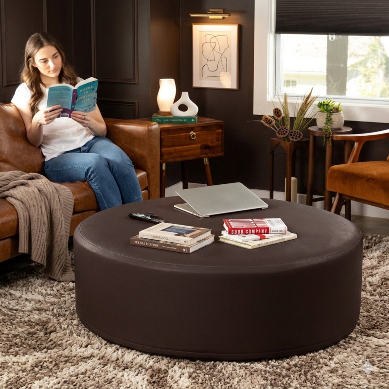 Latitude Run® Candler Round Couch Ottoman – Oversized Giant Coffee Table & Foot Rest, 44”, Chocolate