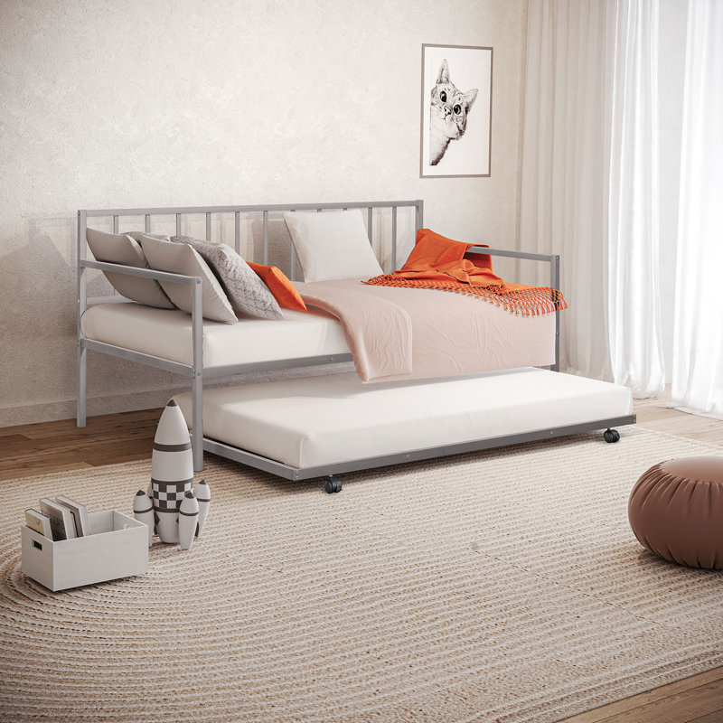 Lit de jour en métal avec lit gigogne 1pc, Argent argent