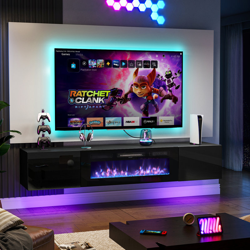 80" Floating Fireplace TV Stand For Tvs Up To 90", Wall Mounted Media Console With LED Lights, Black, 17.8”H x 80”L x 14.4”W