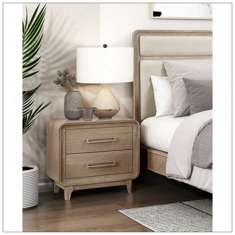 Table de chevet moderne et élégante avec 2 tiroirs de rangement spacieux, des coins courbés et une finition naturelle pour la chambre à coucher