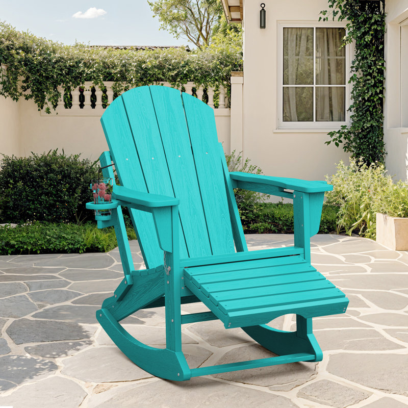 Outdoor HDPE Folding and Rocking Adirondack Chair With Double Cup Holder and Ottoam , Peacock Blue