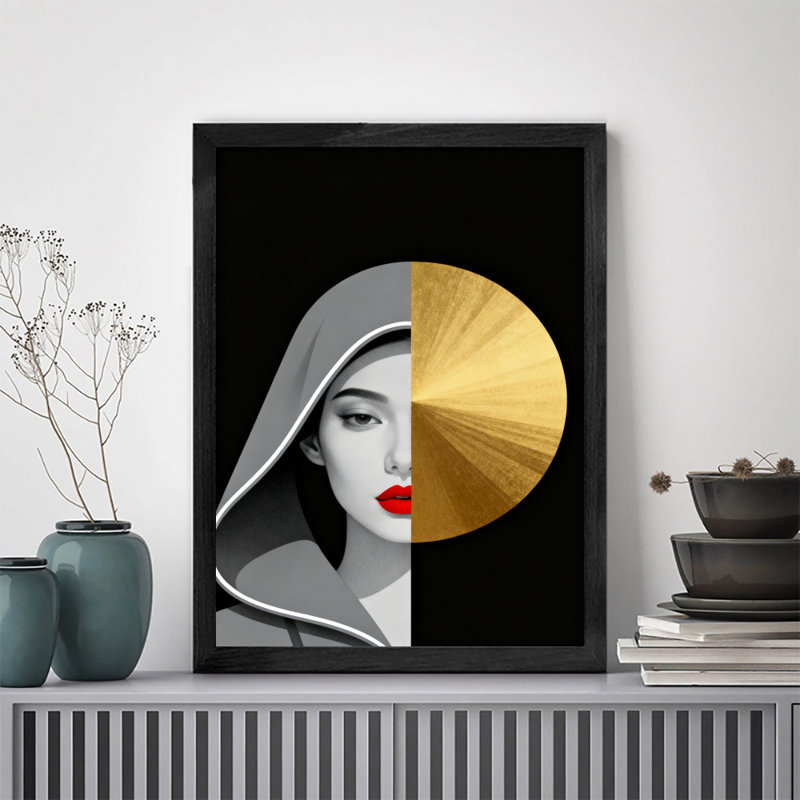 Comparaison rétro encadrée noire entre objets moitié-visage et demi-cercle, art rétro, H 11 po x l 9 po