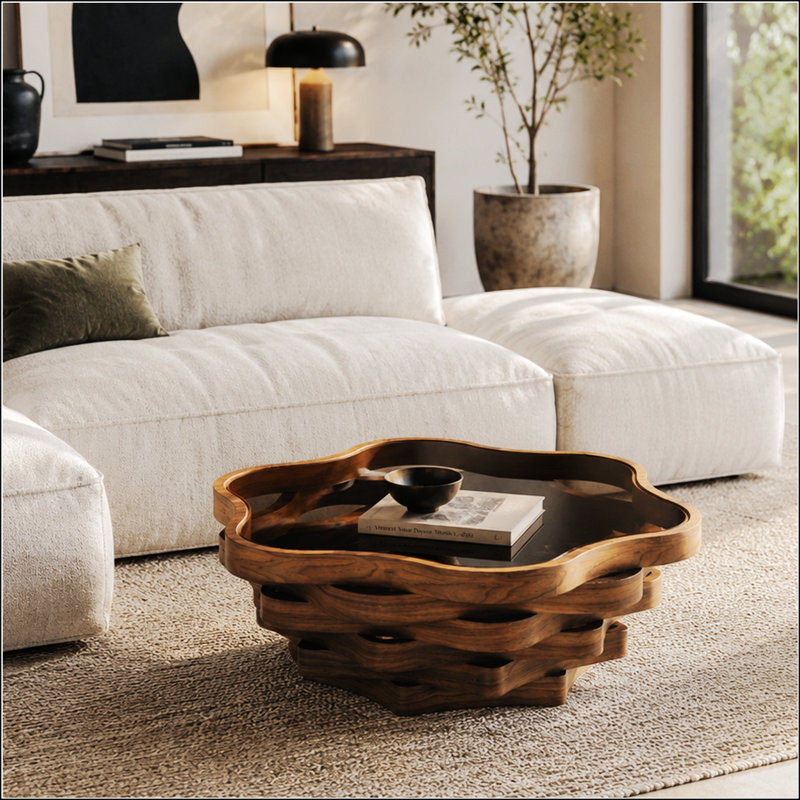Table basse moderne en forme de nuage avec plateau en verre et base ondulée pour le décor du salon