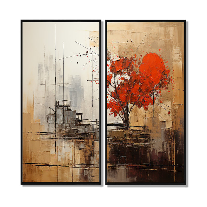 Autumn Collages I - ensemble de 2 grands décorations murales abstraites, H 40 po x l 40 po, Impression encadrée flottante