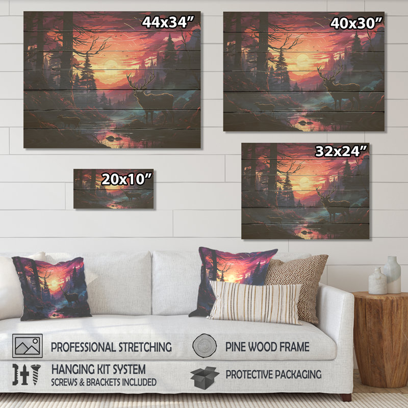 Cerf au clair de lune, paysage III - animal cerf sur bois, H 30 po x l 40 po x P 0,78 po