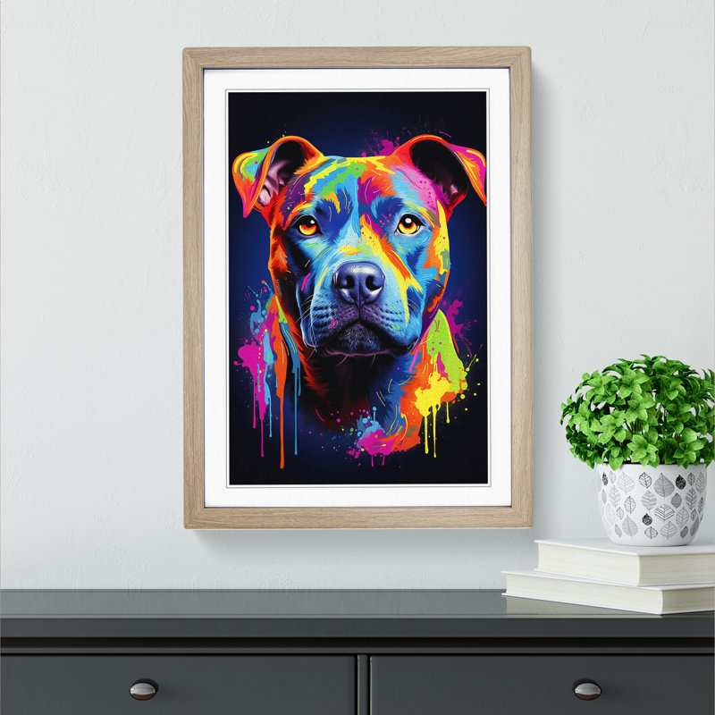 Staffordshire Bull Terrier Colour Field - Single Picture Frame Print on Wood, 34cm H x 25cm W x 2cm D, Oak 