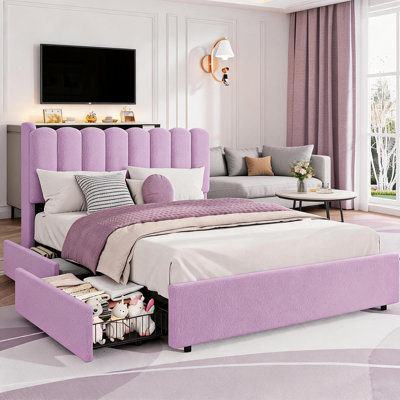 Cadre de lit double à DEL avec tête de lit avec rangement, cadre de lit pour enfant avec 2 tiroirs, lit plateforme tapissier Boucle pour fille, tête de lit chic avec ondulé et bibliothèque, aucun sommier nécessaire, mauve