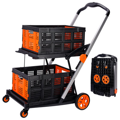 Collapsible Shopping Cart On Wheels, Folding Shopping Cart With 360° Swivel Wheels, Multi Use Utility Cart Adjustable Portable Trolley With 2 Storage Crate, Used For Picnic, Supermarket, Orange