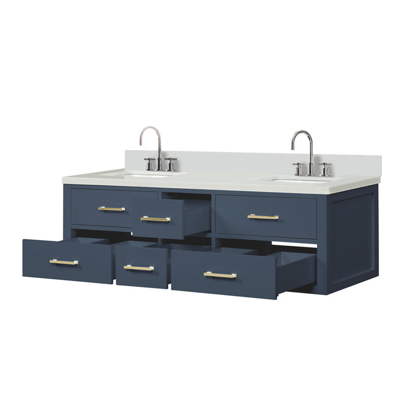 Meuble-lavabo double 60 po bleu X P 22 po D, plateau en marbre de culture et robinet