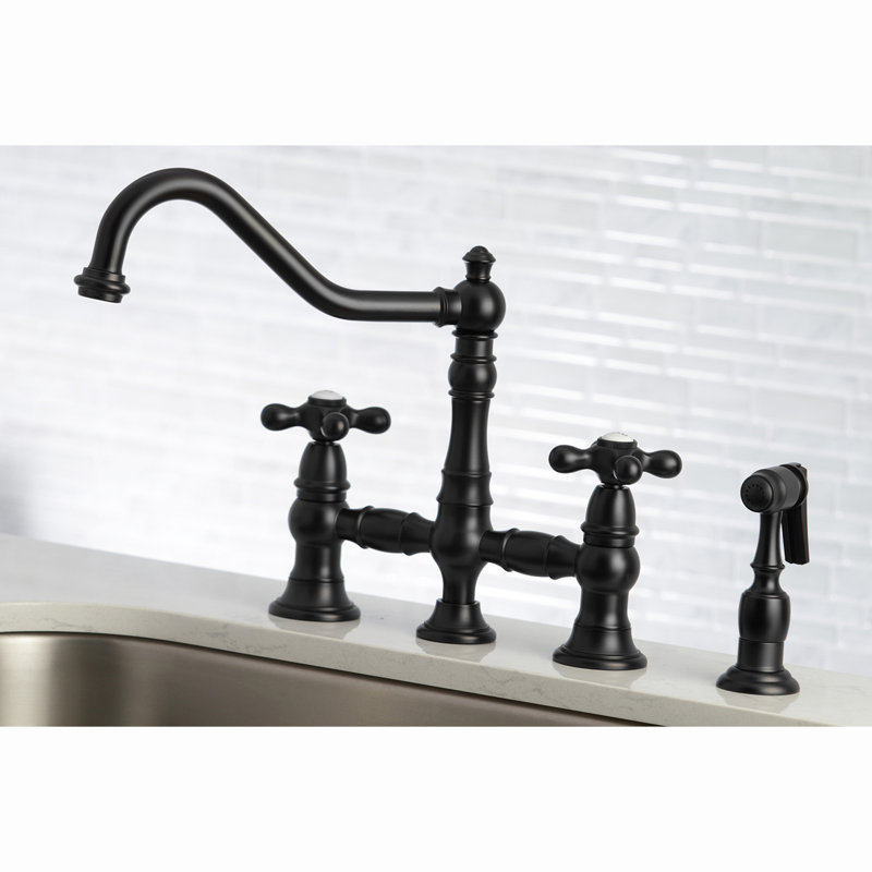 Kingston Brass Restoration Two-Handle 4-Hole Deck Mount Bridge Kitchen Faucet with Brass Side Sprayer, Matte Black