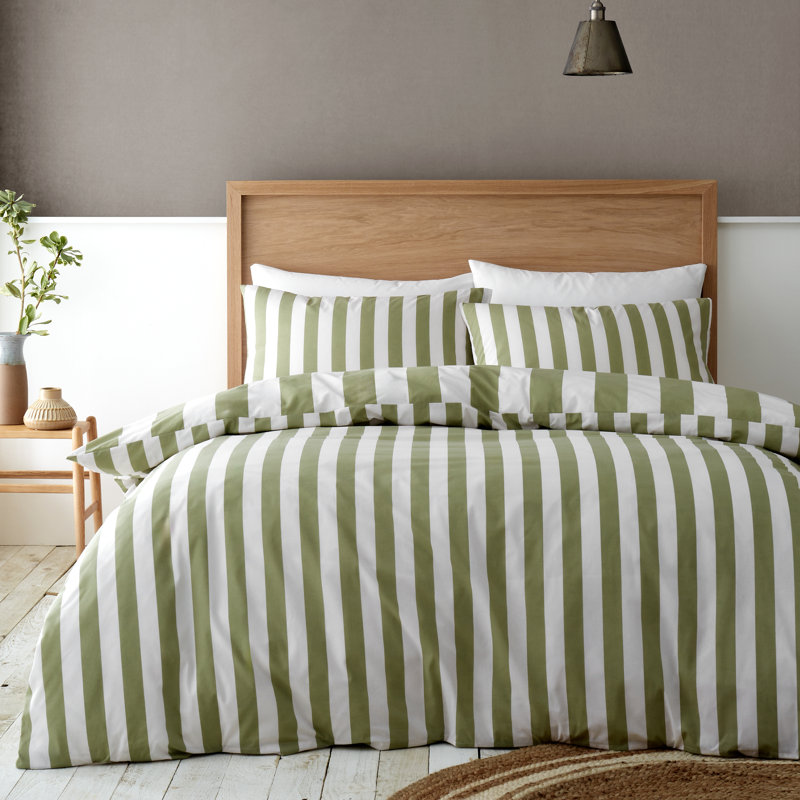 Cove Stripe Reversible Duvet Cover Set, Green, Kingsize Duvet Cover + 2 Standard Pillowcases