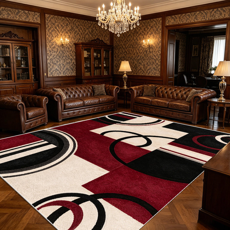1PC Modern Geometric Burgundy Black Circle Block Pattern area rugs for Living Room, Soft, All seasons, Washable Indoor mat, Under Table suitable for dining room, bedroom, home office, entryway, kitchen, Home Decor, Outdoor Decor.