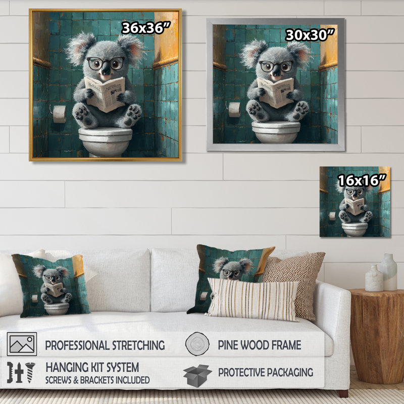 Keala Koala avec des lunettes dans la toilette II - koala grand art mural, Impression encadrée flottante, H 36 po x l 36 po