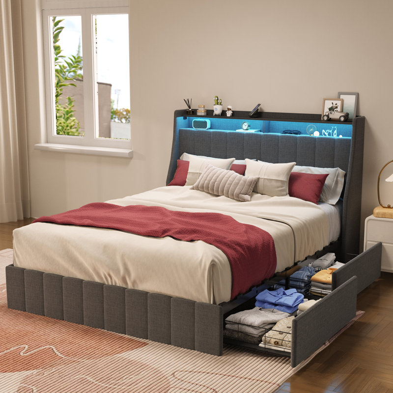 41.3'' Wings Headboard Bed Frame with 4 Under-bed Portable Storage Drawers and LED Light, Dark Gray, Queen