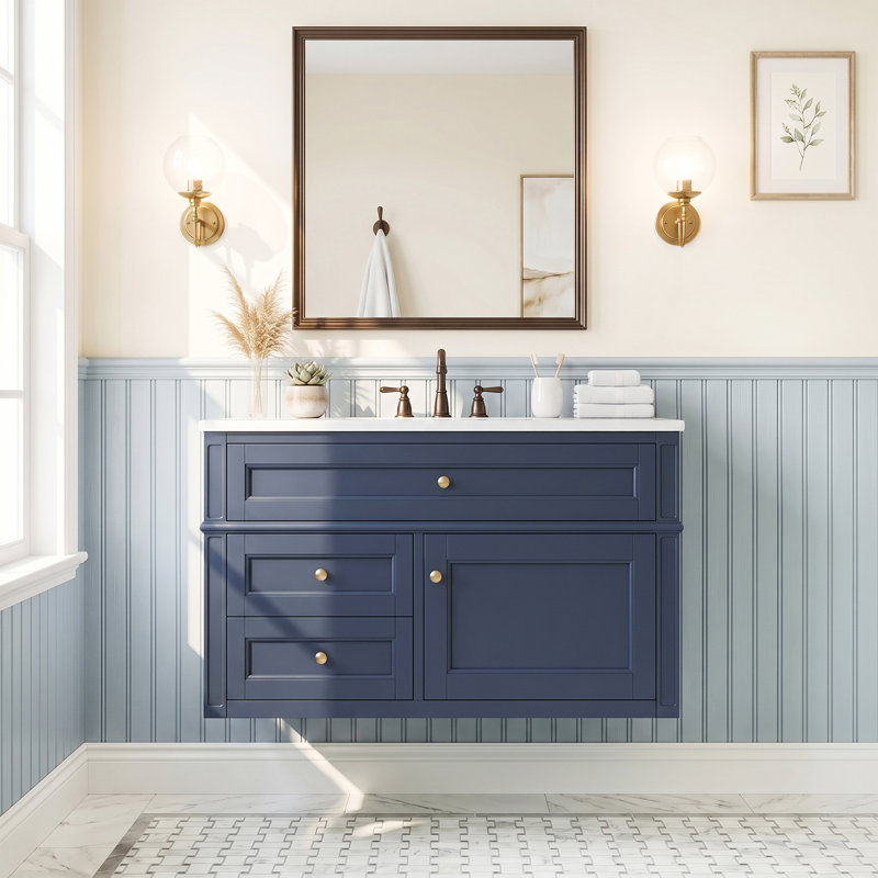 Meuble-lavabo mural en bois aggloméré 36 po avec lavabo à fermeture en douceur intégré en céramique brillante de 36 po avec tiroirs et lavabo simple en céramique à 3 trous