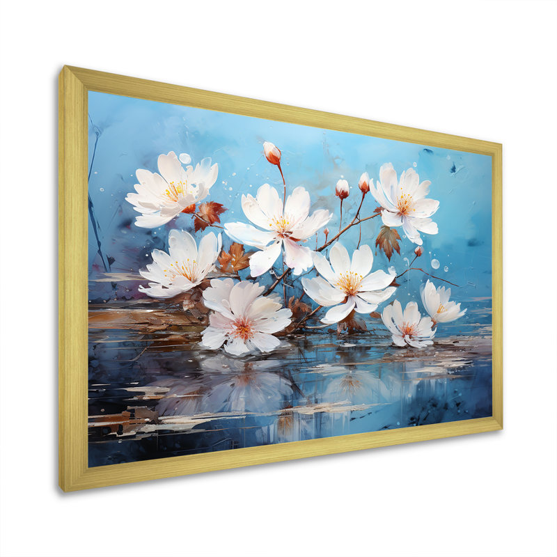 Méditation réfléchissante sur le lotus, Cadre doré simple, H 16 po x l 32 po x P 1 po