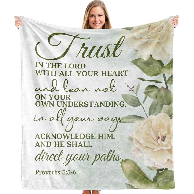 Couverture florale blanche blanche, «Trust in the Lord with All Your Heart», verset de la Bible, L 80 po x l 60 po
