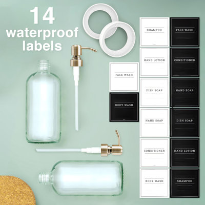 Distributeur de savon en verre transparent, ensemble de 2 distributeurs de savon de cuisine avec pompe en acier inoxydable, distributeur de savon à vaisselle 16 oz et savon à main pour la salle de bain avec étiquettes imperméables